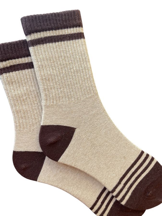 Socks "Color-block" high elastic, made from Indian cotton, beige melange/brown