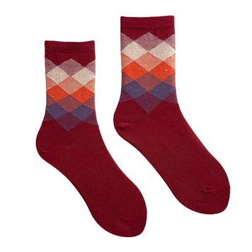 Women's Socks "Colored squares" made from Indian cotton, dark red