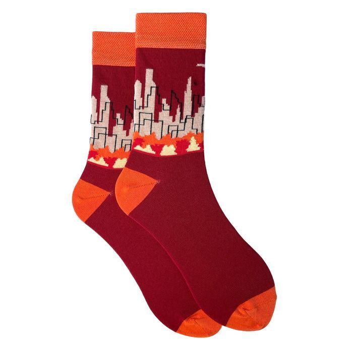 Men's socks Autumn city, made from Indian cotton, dark red